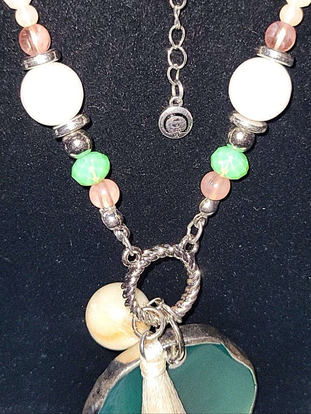 Boho Beaded Tassel Necklace Green Agate Slice Pendant Pearl Charm Adjustable